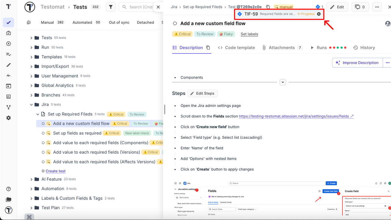 Linked Jira issue showing title and status